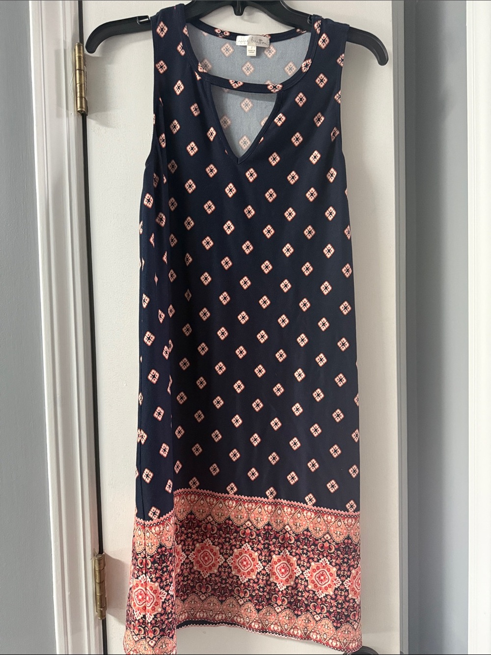 nine britton Navy Sleeveless Midi Dress with Coral Border Print